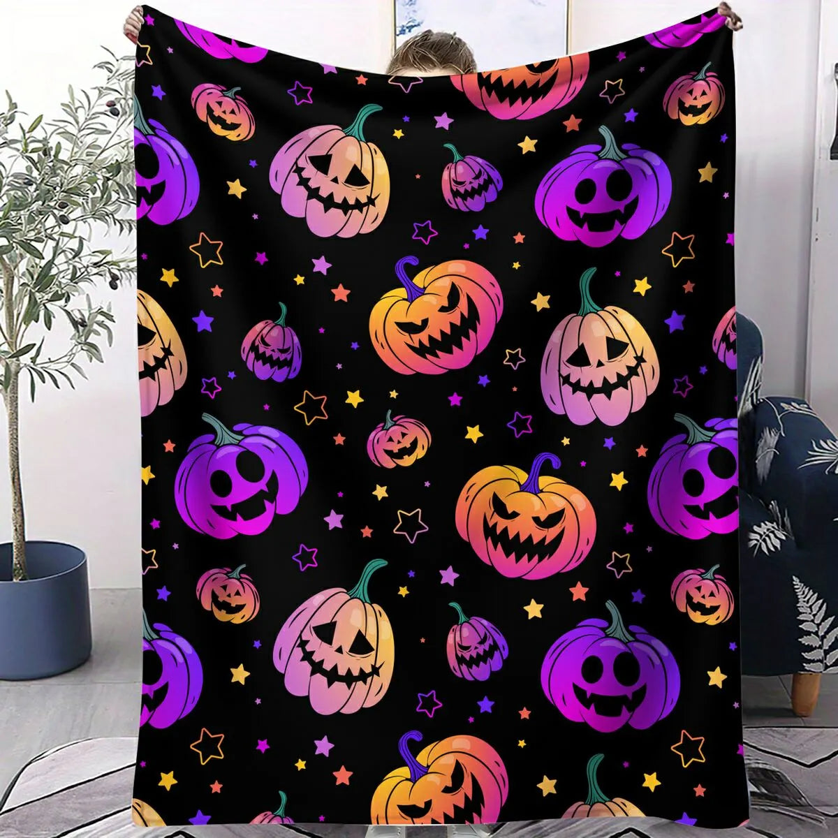 Colorful Halloween Pumpkin Star Flannel Throw Blanket