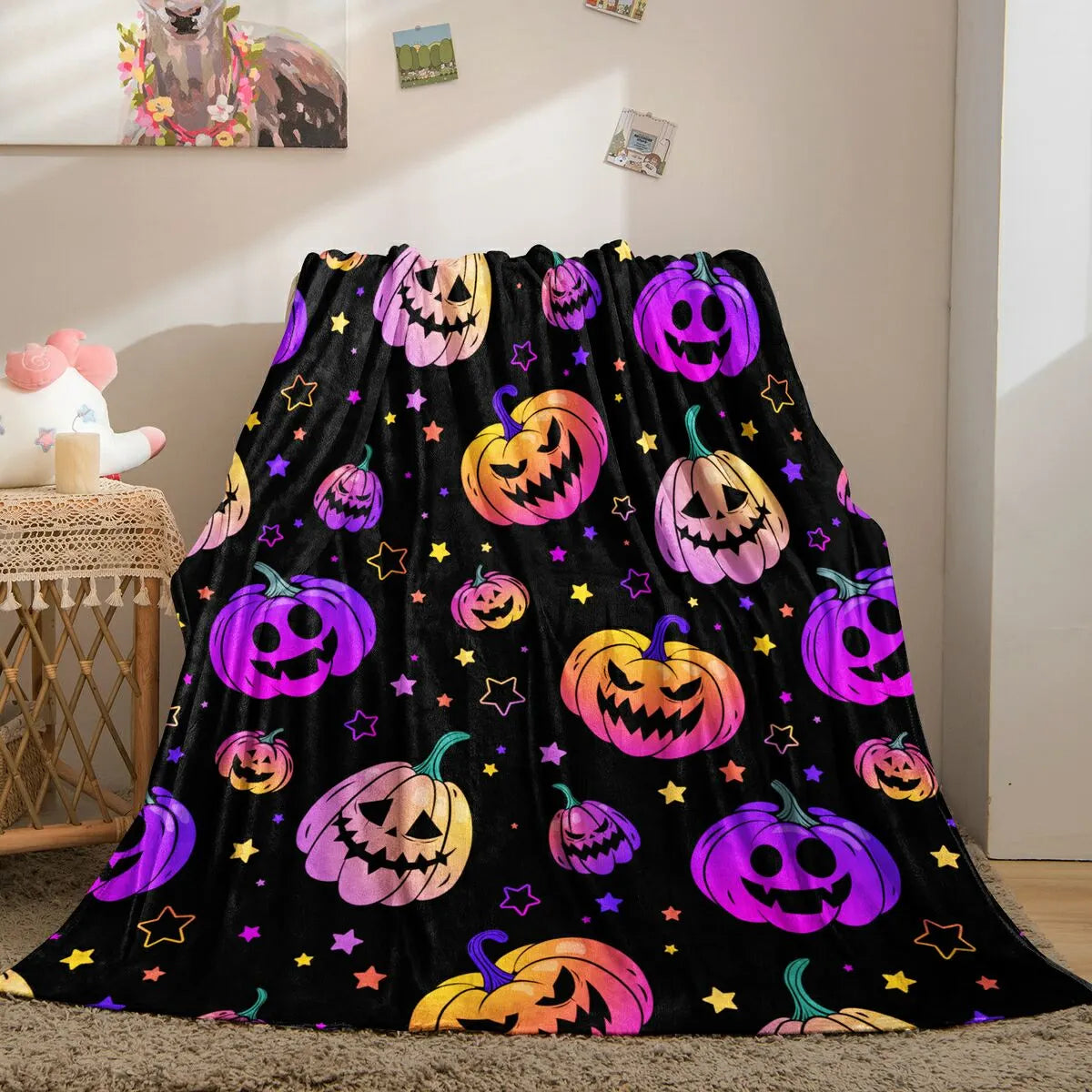 Colorful Halloween Pumpkin Star Flannel Throw Blanket