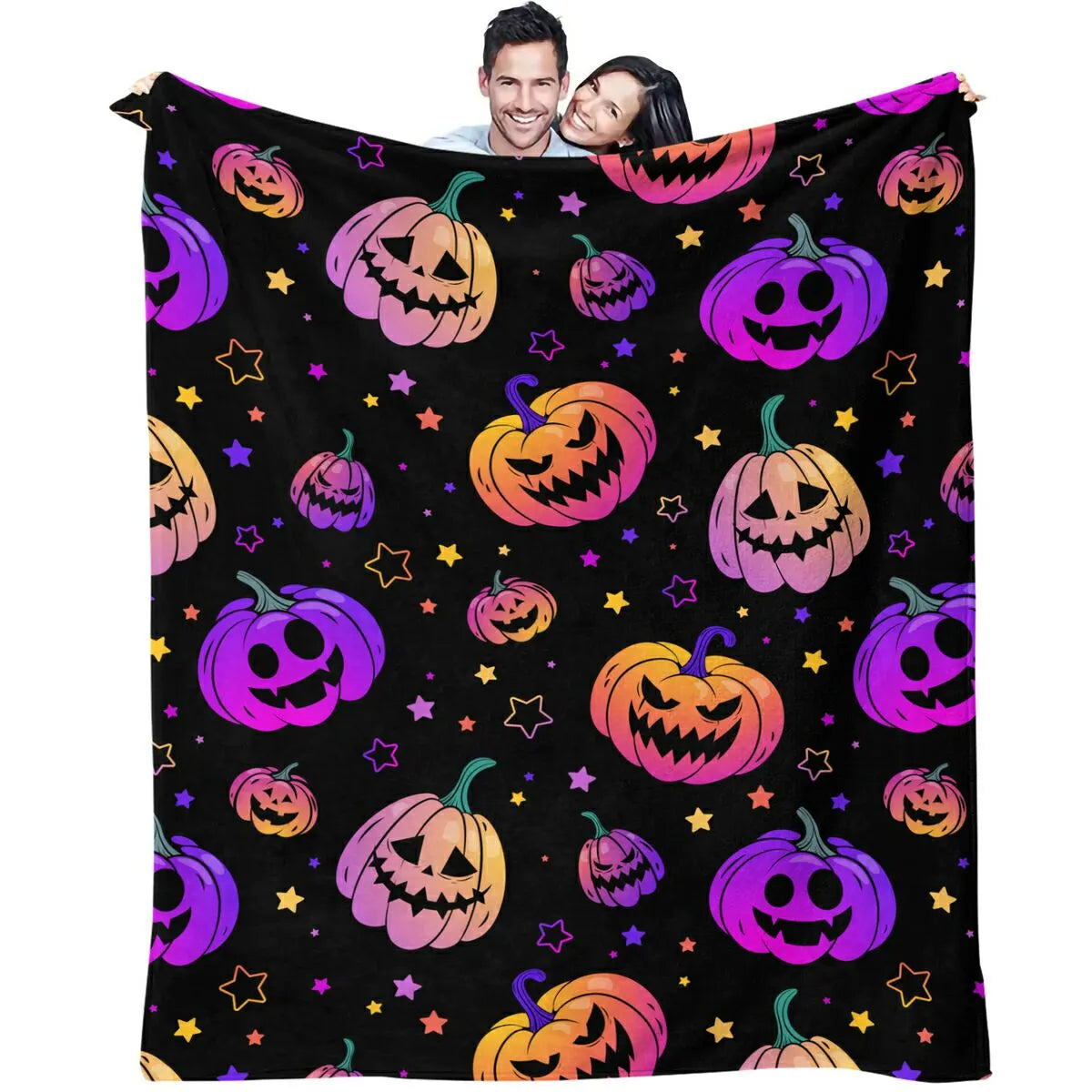 Colorful Halloween Pumpkin Star Flannel Throw Blanket