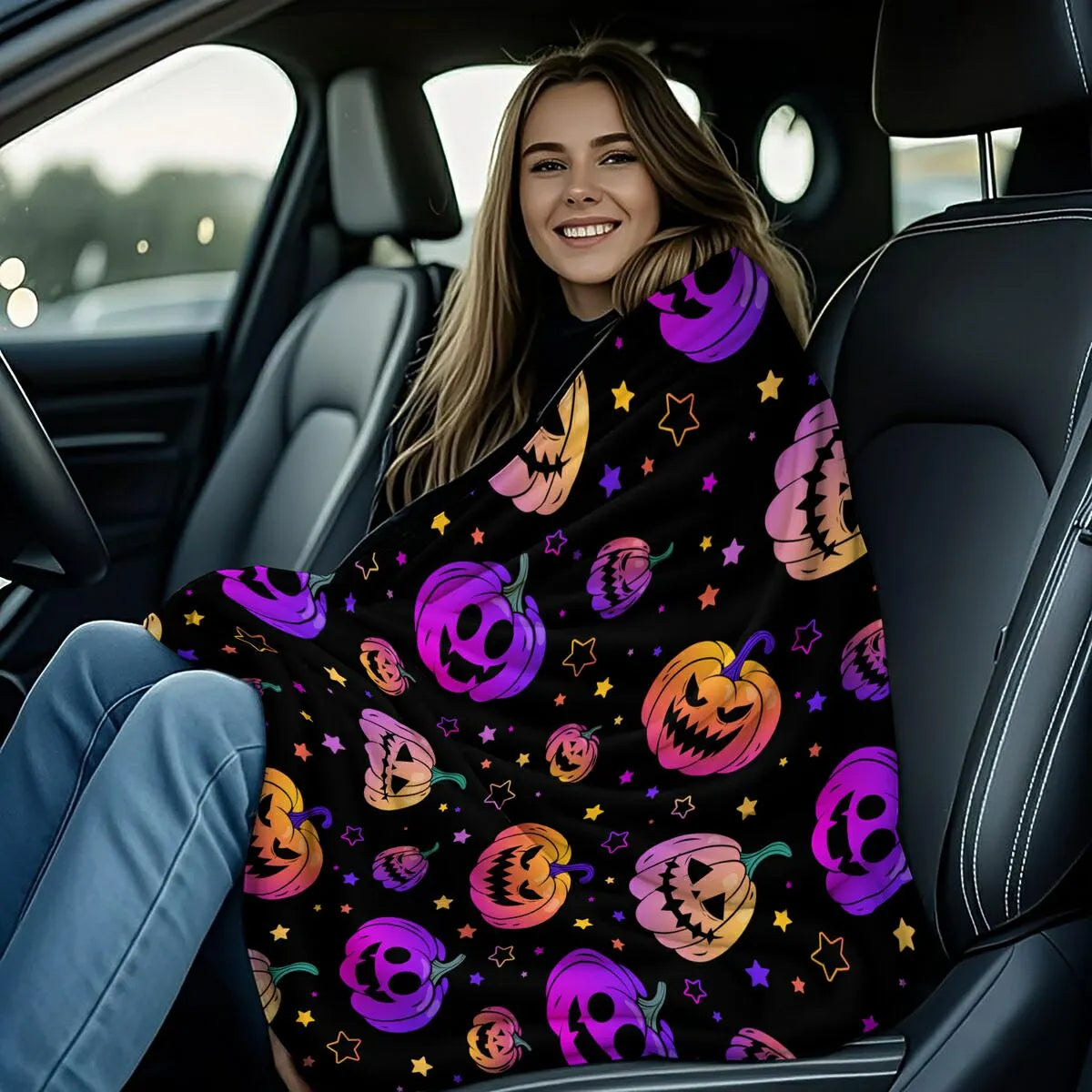 Colorful Halloween Pumpkin Star Flannel Throw Blanket