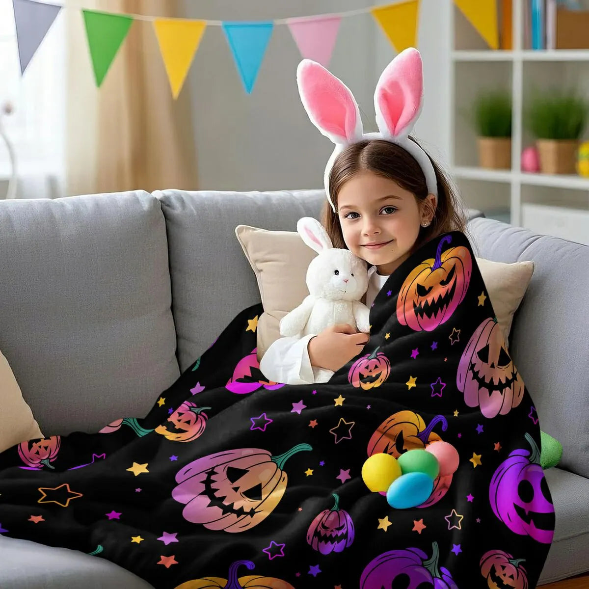 Colorful Halloween Pumpkin Star Flannel Throw Blanket