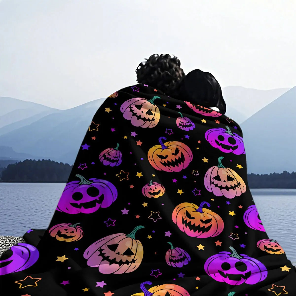 Colorful Halloween Pumpkin Star Flannel Throw Blanket