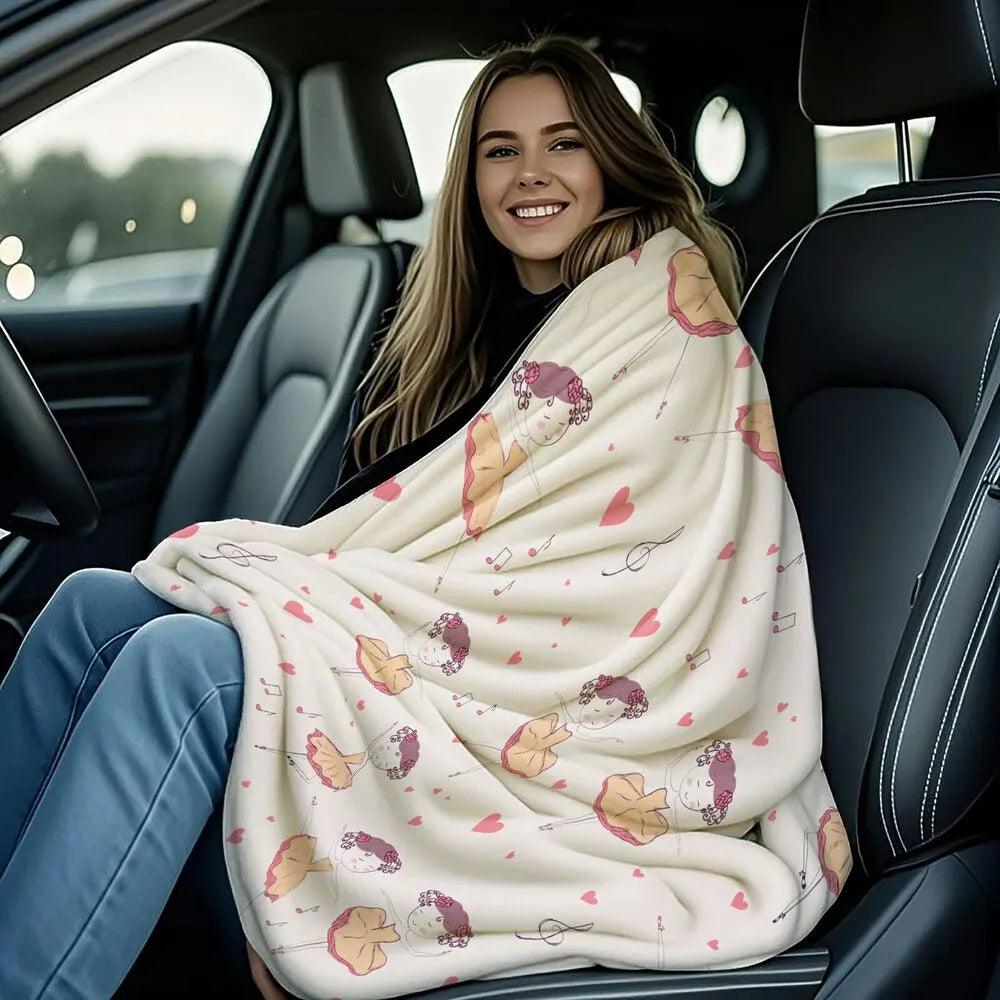 Cute Ballerina with Hearts and Musical Notes Pattern Multipurpose Throw Blanket