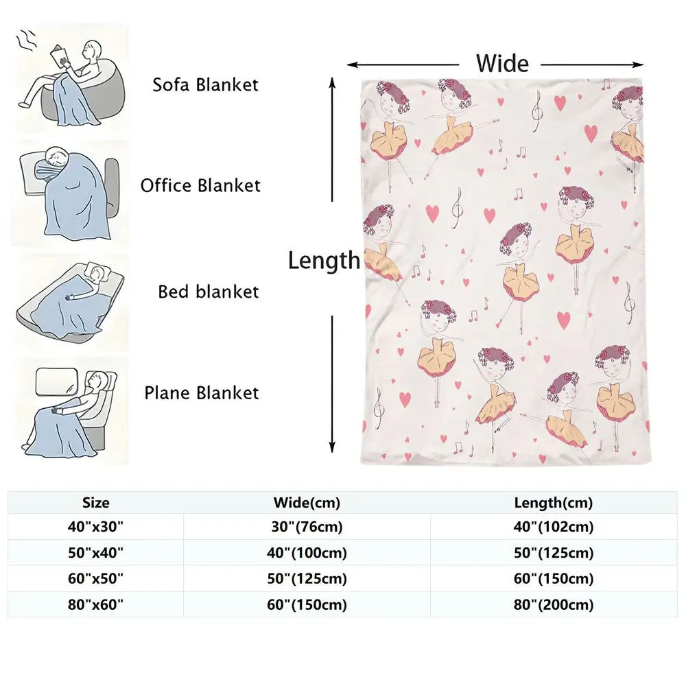 Cute Ballerina with Hearts and Musical Notes Pattern Multipurpose Throw Blanket