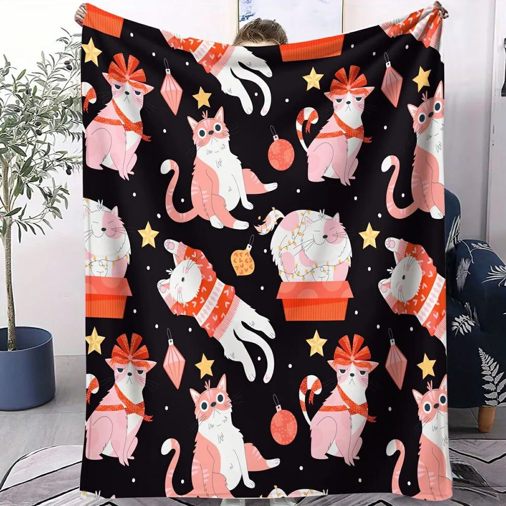 Cute Cartoon Cats Christmas Pattern Multipurpose Throw Blanket