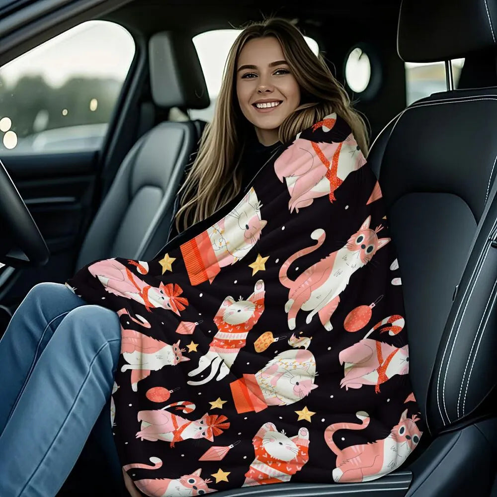 Cute Cartoon Cats Christmas Pattern Multipurpose Throw Blanket