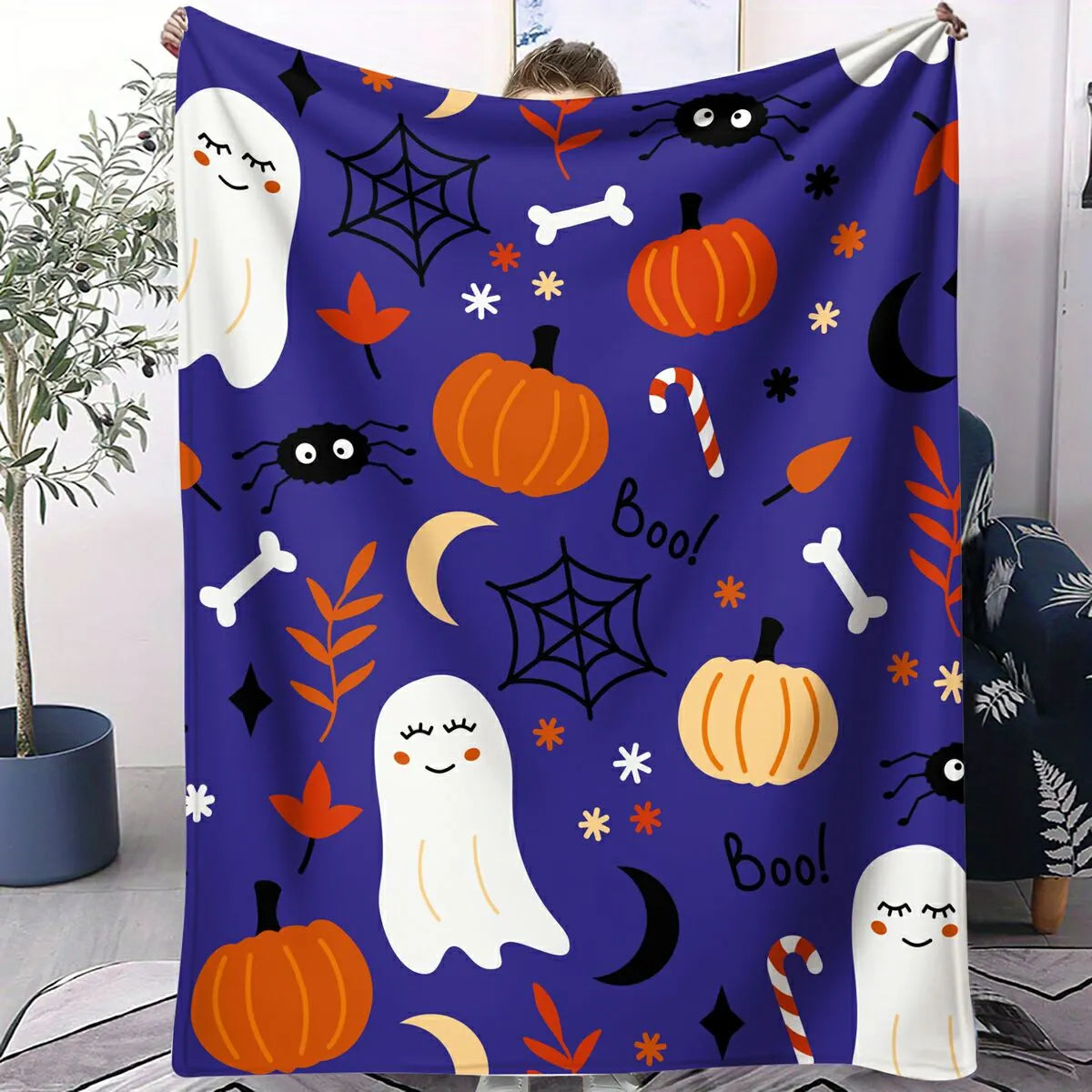 Cute Halloween Ghost Pumpkin Spider Flannel Throw Blanket