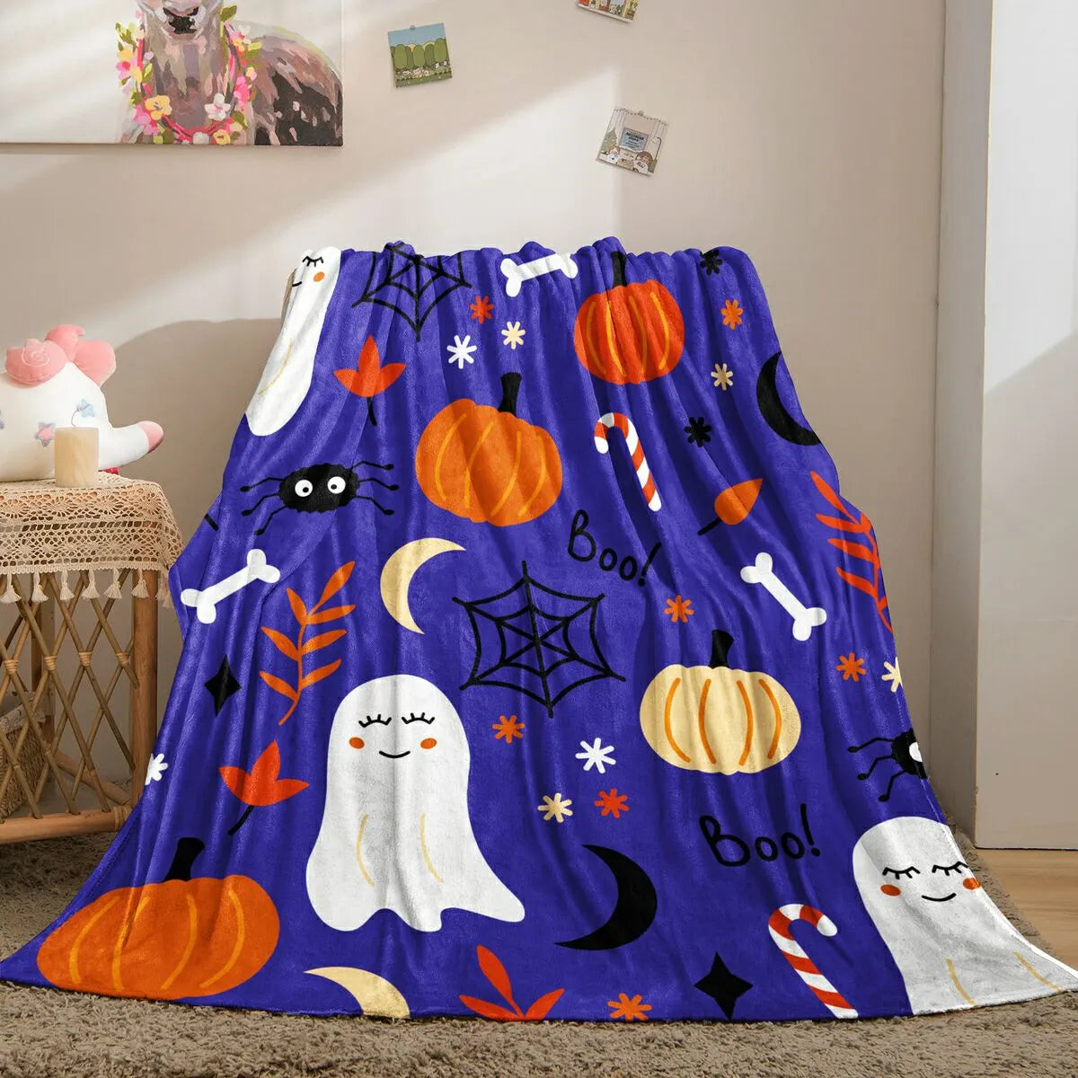 Cute Halloween Ghost Pumpkin Spider Flannel Throw Blanket
