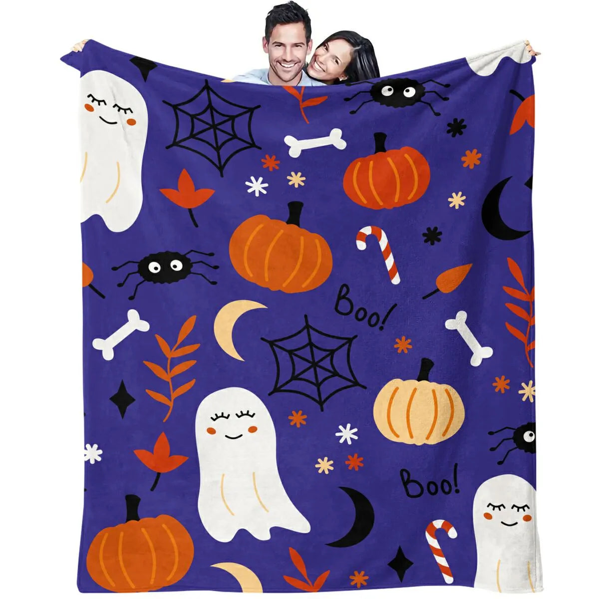 Cute Halloween Ghost Pumpkin Spider Flannel Throw Blanket
