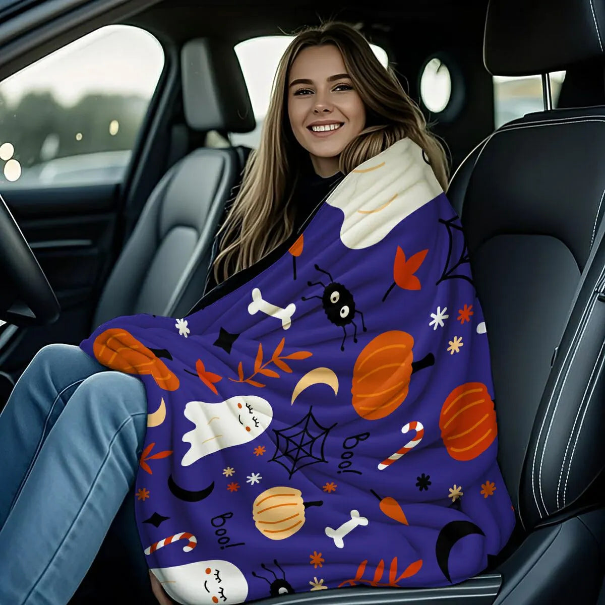 Cute Halloween Ghost Pumpkin Spider Flannel Throw Blanket