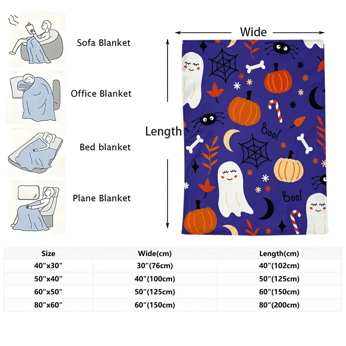 Cute Halloween Ghost Pumpkin Spider Flannel Throw Blanket