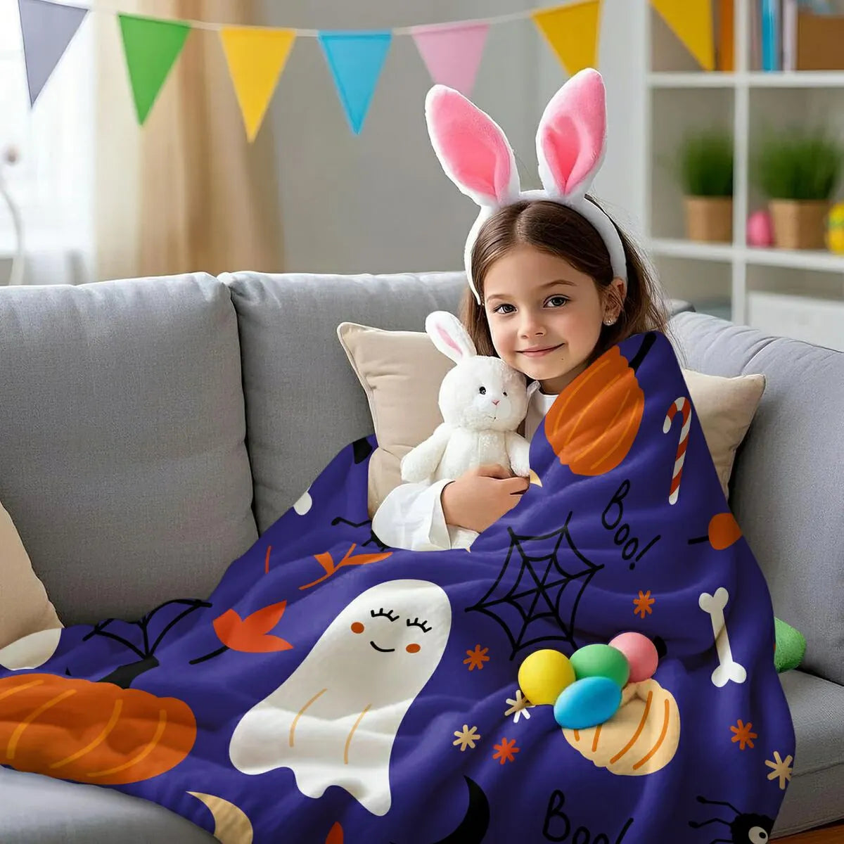 Cute Halloween Ghost Pumpkin Spider Flannel Throw Blanket