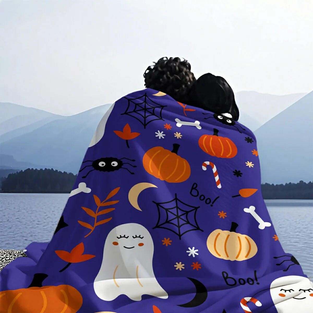 Cute Halloween Ghost Pumpkin Spider Flannel Throw Blanket