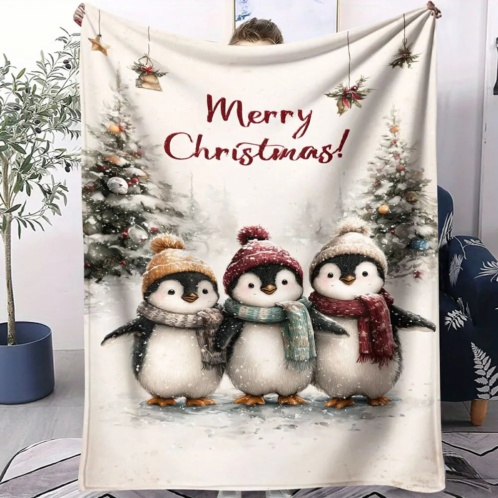 Cute Penguins Merry Christmas White Pattern Multipurpose Throw Blanket