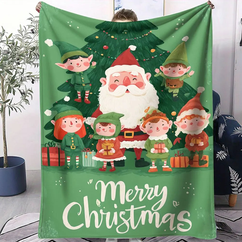 Cute Santa Elves Merry Christmas Green Pattern Multipurpose Throw Blanket