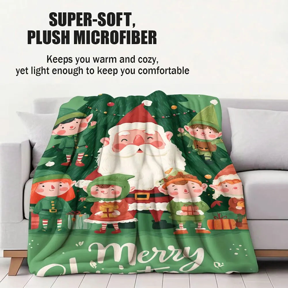Cute Santa Elves Merry Christmas Green Pattern Multipurpose Throw Blanket