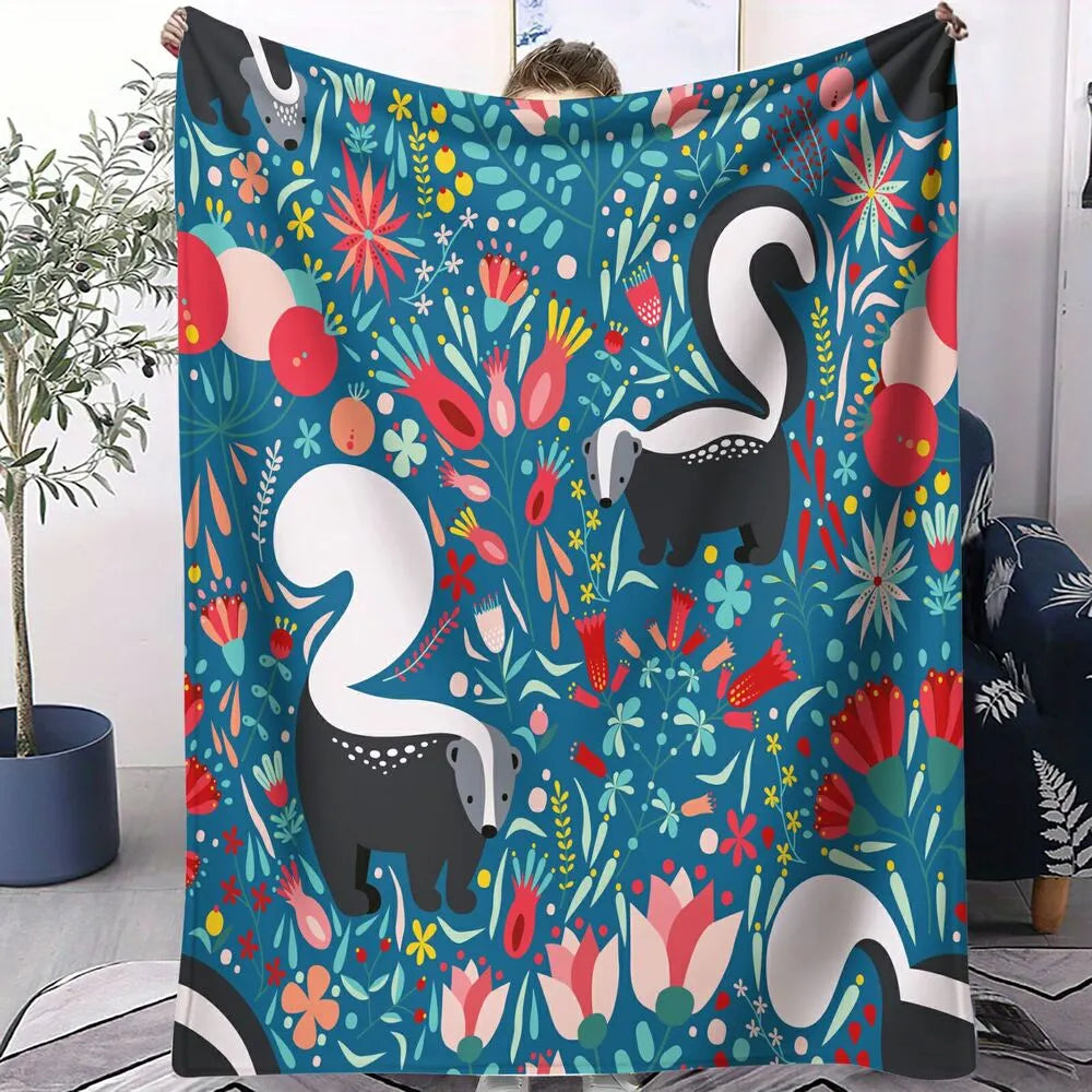 Cute Skunk and Floral Pattern Multipurpose Throw Blanket