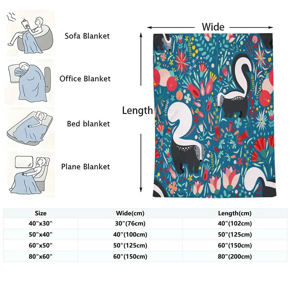 Cute Skunk and Floral Pattern Multipurpose Throw Blanket