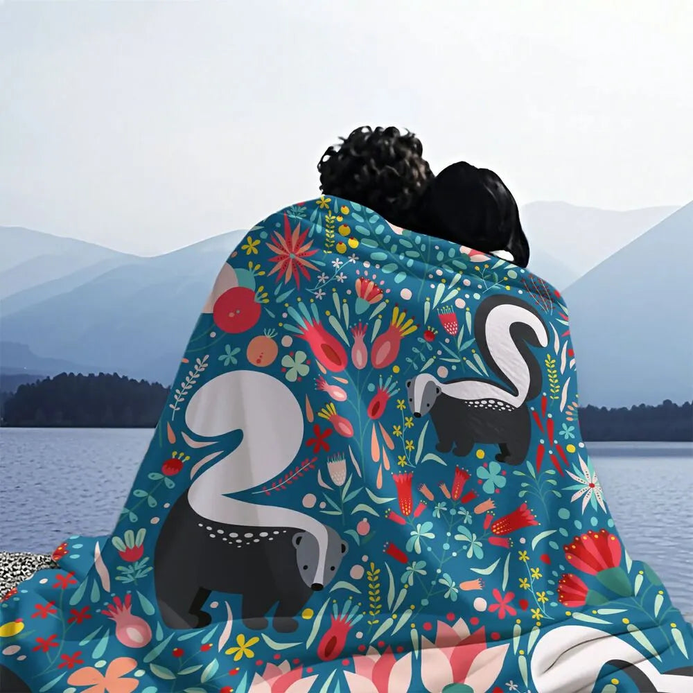 Cute Skunk and Floral Pattern Multipurpose Throw Blanket