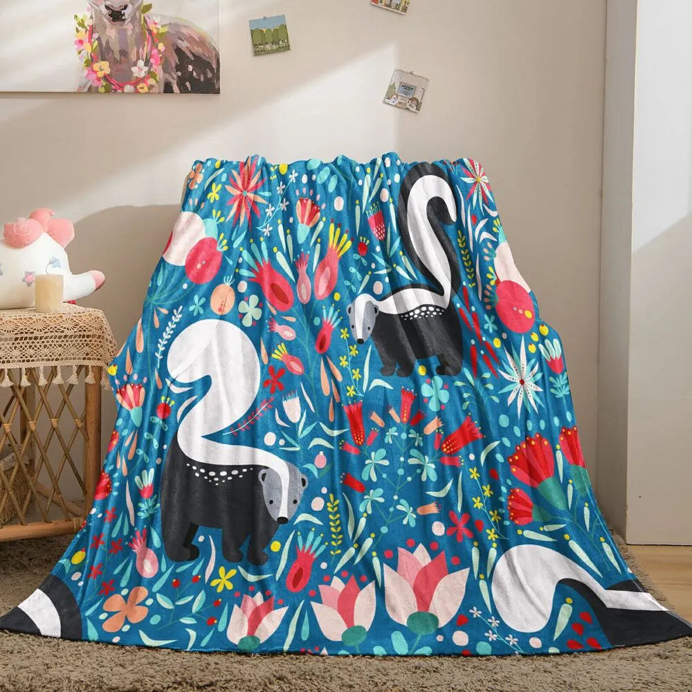 Cute Skunk and Floral Pattern Multipurpose Throw Blanket