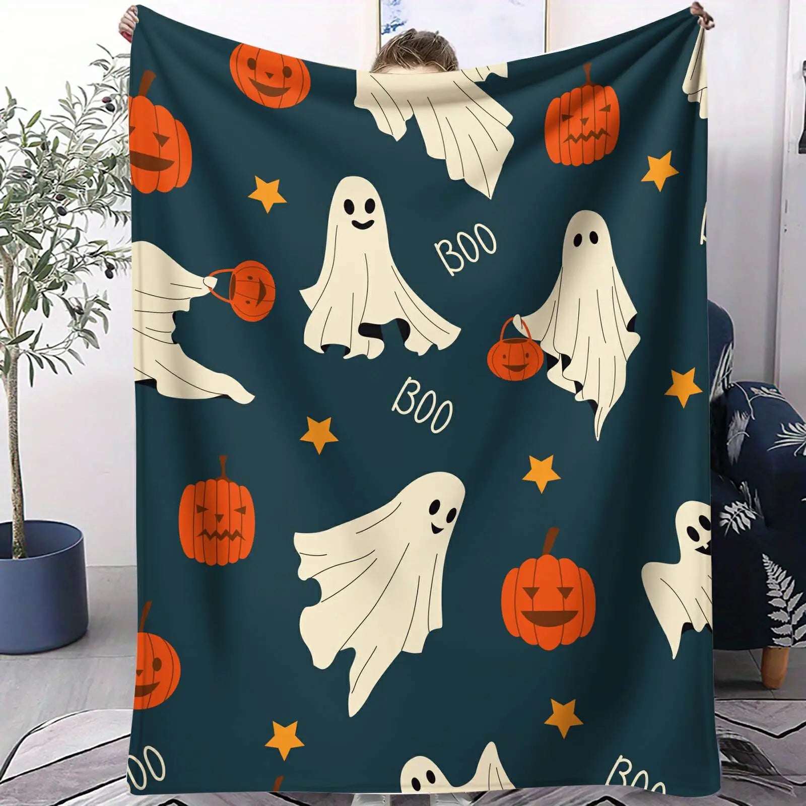 Cute Halloween Ghost Pumpkin Flannel Throw Blanket
