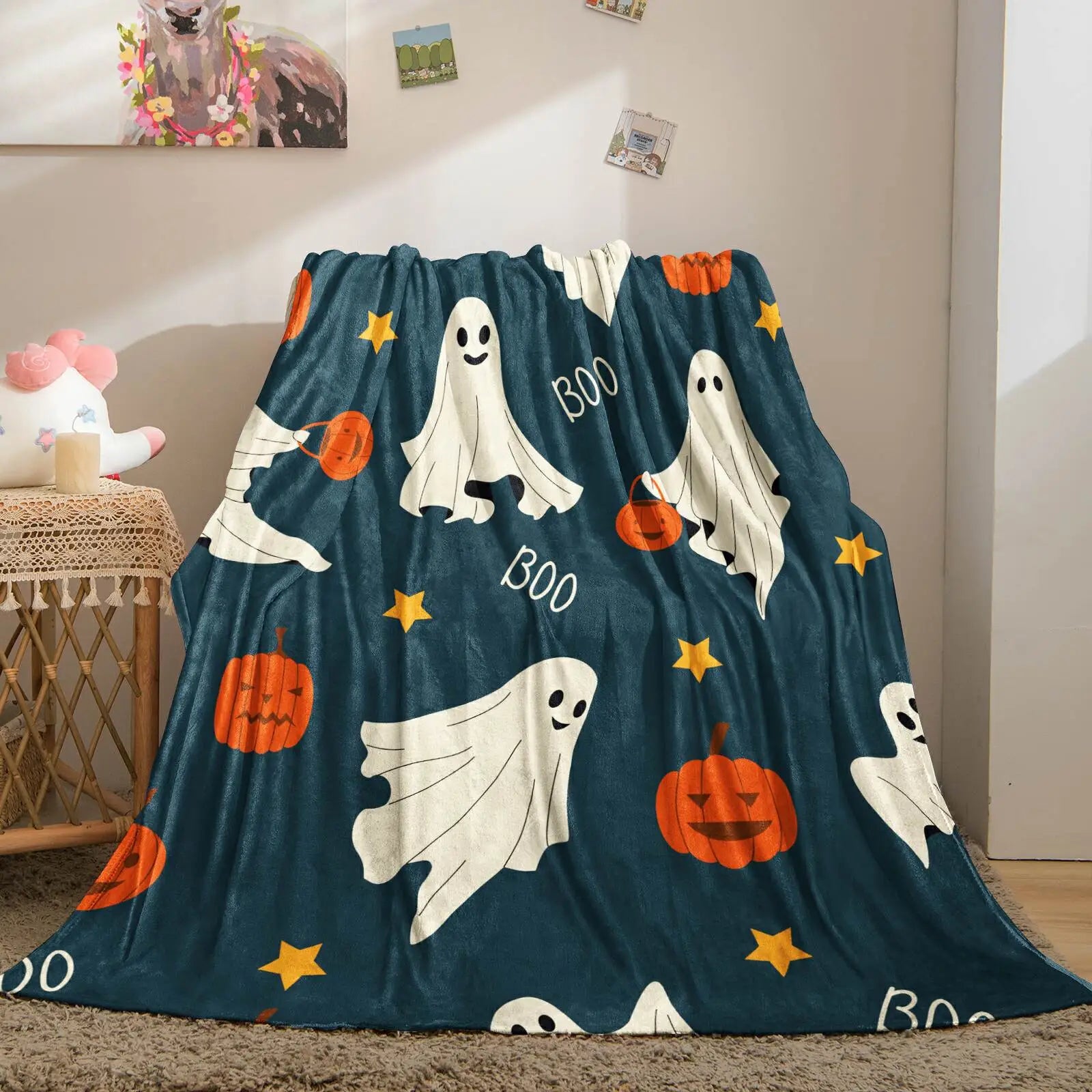 Cute Halloween Ghost Pumpkin Flannel Throw Blanket