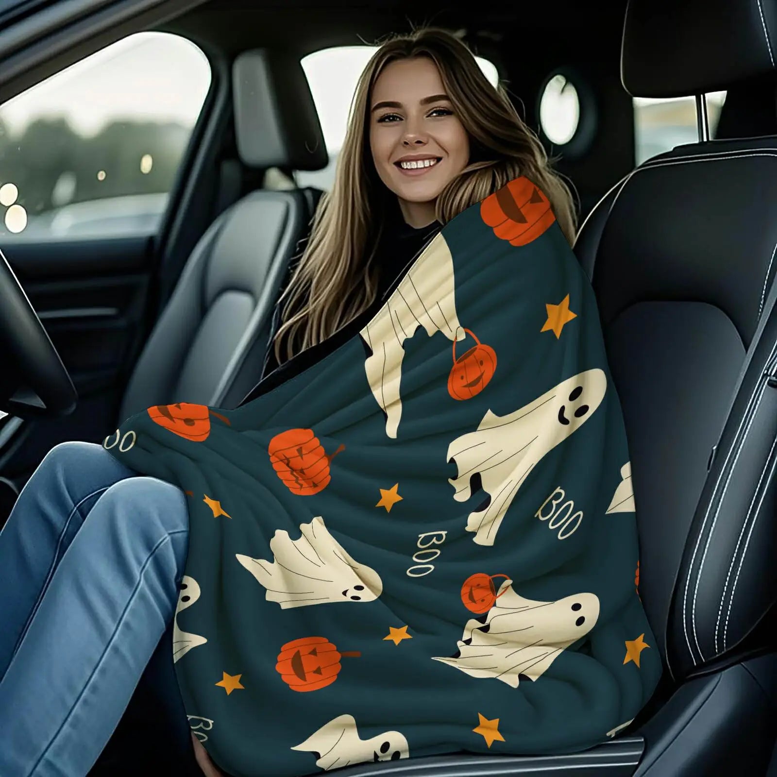 Cute Halloween Ghost Pumpkin Flannel Throw Blanket