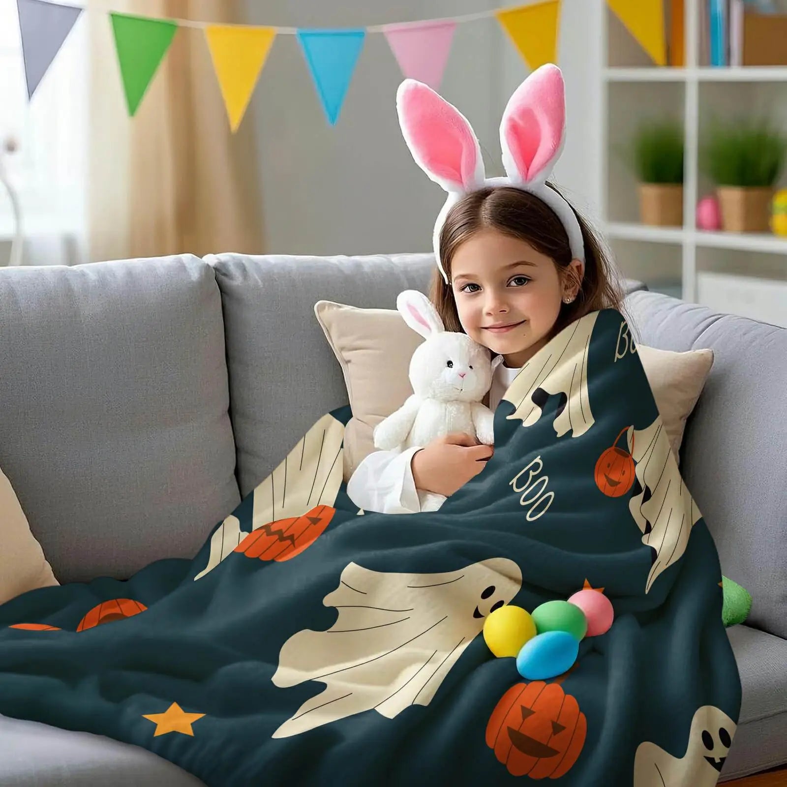Cute Halloween Ghost Pumpkin Flannel Throw Blanket