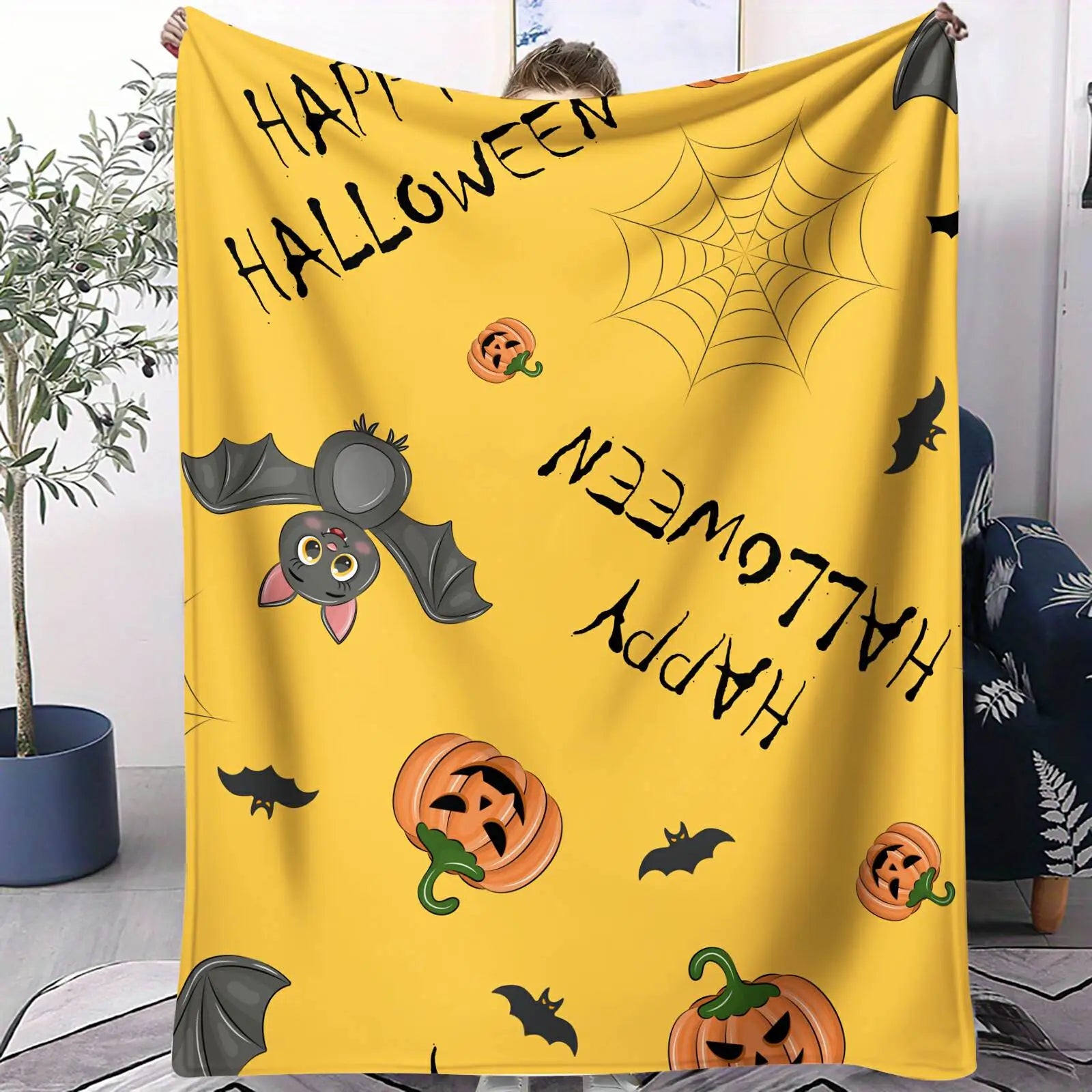 Cute Halloween Pumpkin Bat Flannel Throw Blanket