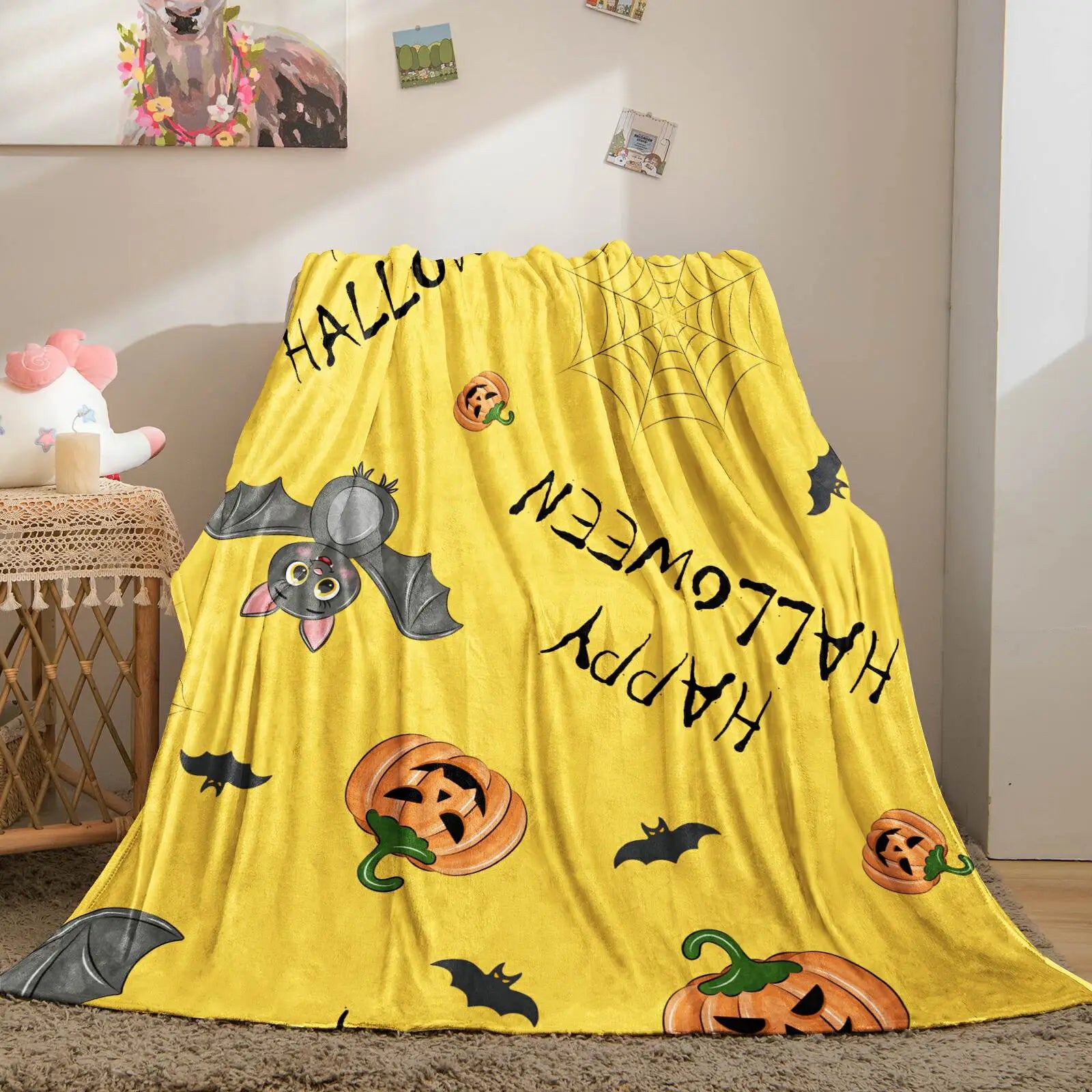 Cute Halloween Pumpkin Bat Flannel Throw Blanket