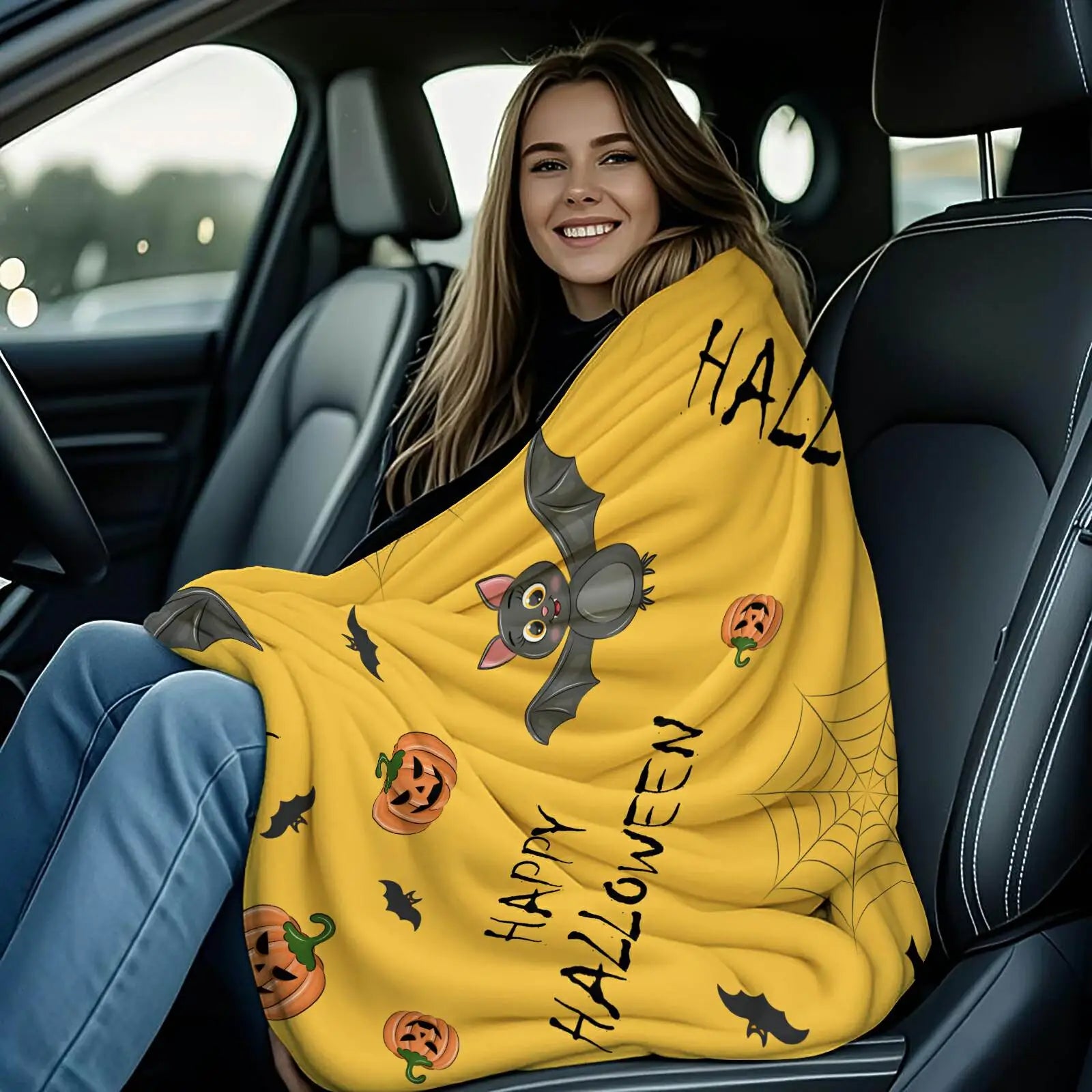 Cute Halloween Pumpkin Bat Flannel Throw Blanket