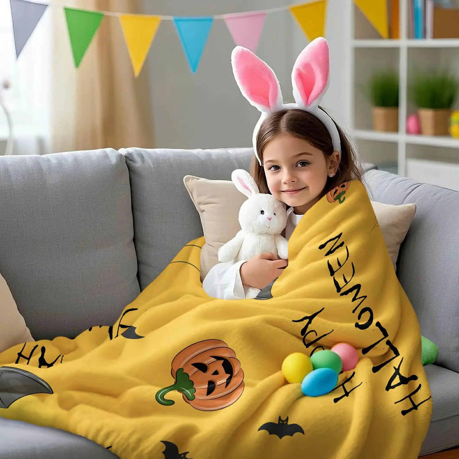 Cute Halloween Pumpkin Bat Flannel Throw Blanket