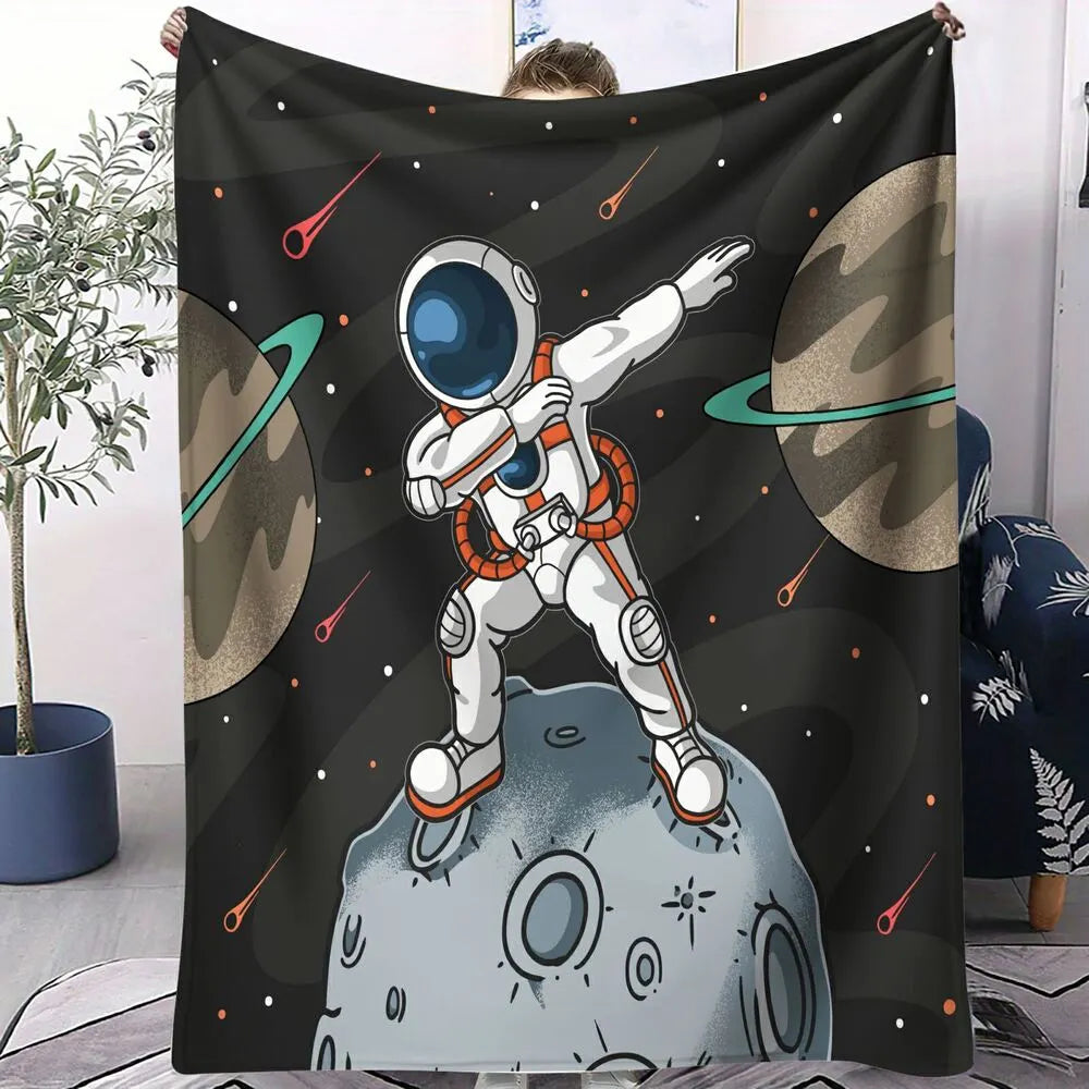 Dabbing Astronaut on Moon with Planets Pattern Multipurpose Throw Blanket