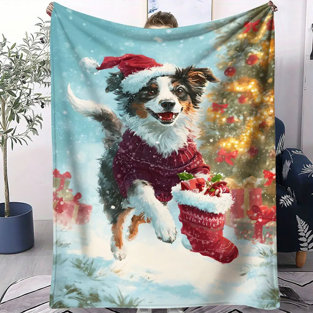 Festive Australian Shepherd Christmas Dog Light Blue Pattern Multipurpose Throw Blanket