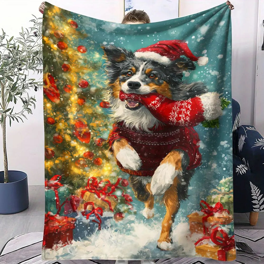 Festive Australian Shepherd Christmas Dog Teal Pattern Multipurpose Throw Blanket