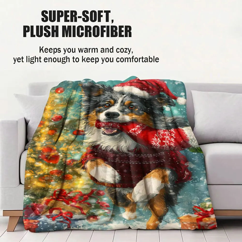 Festive Australian Shepherd Christmas Dog Teal Pattern Multipurpose Throw Blanket