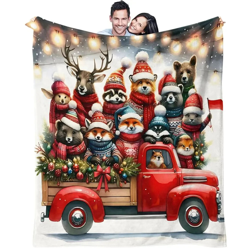 Festive Christmas Animals Red Truck White Pattern Multipurpose Throw Blanket