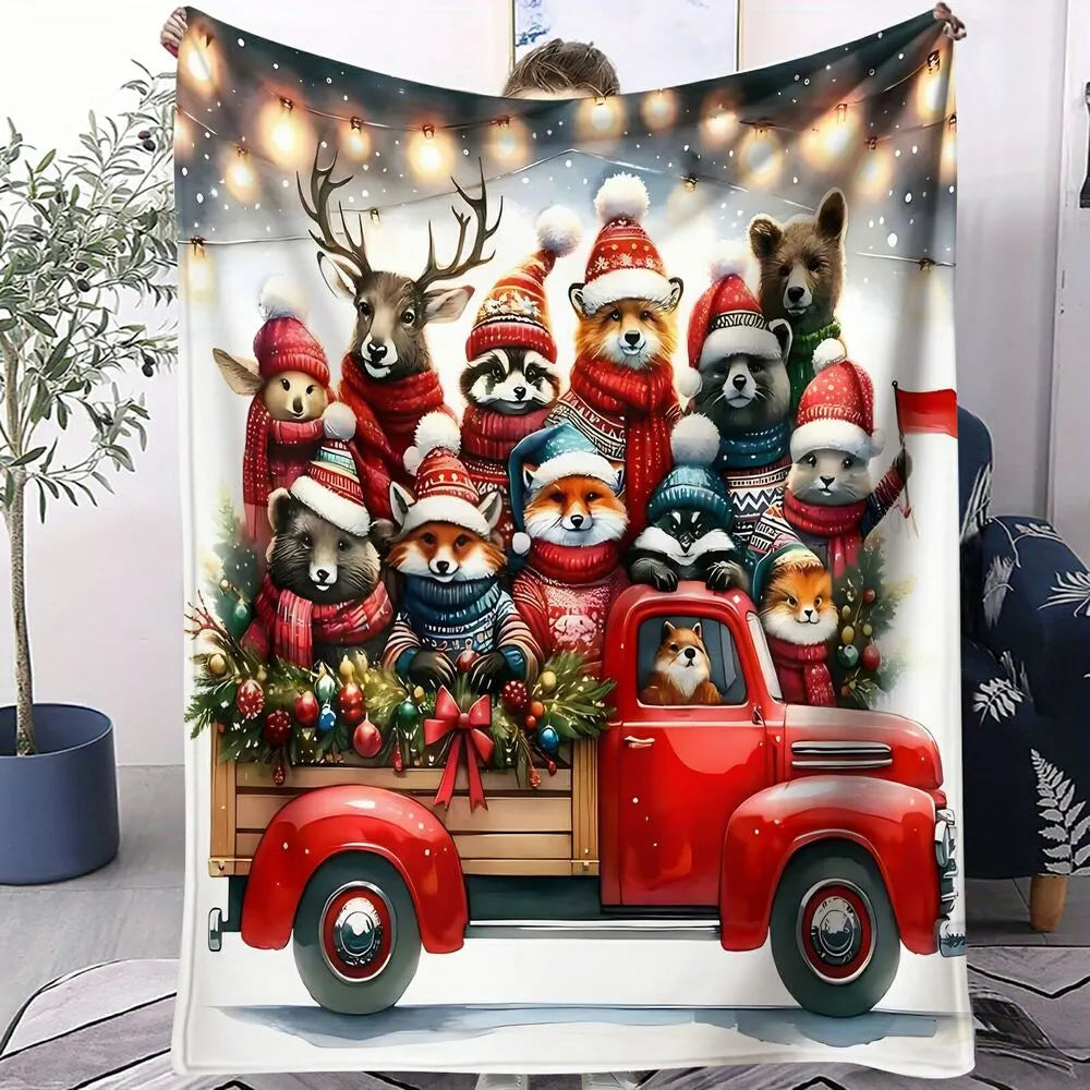 Festive Christmas Animals Red Truck White Pattern Multipurpose Throw Blanket