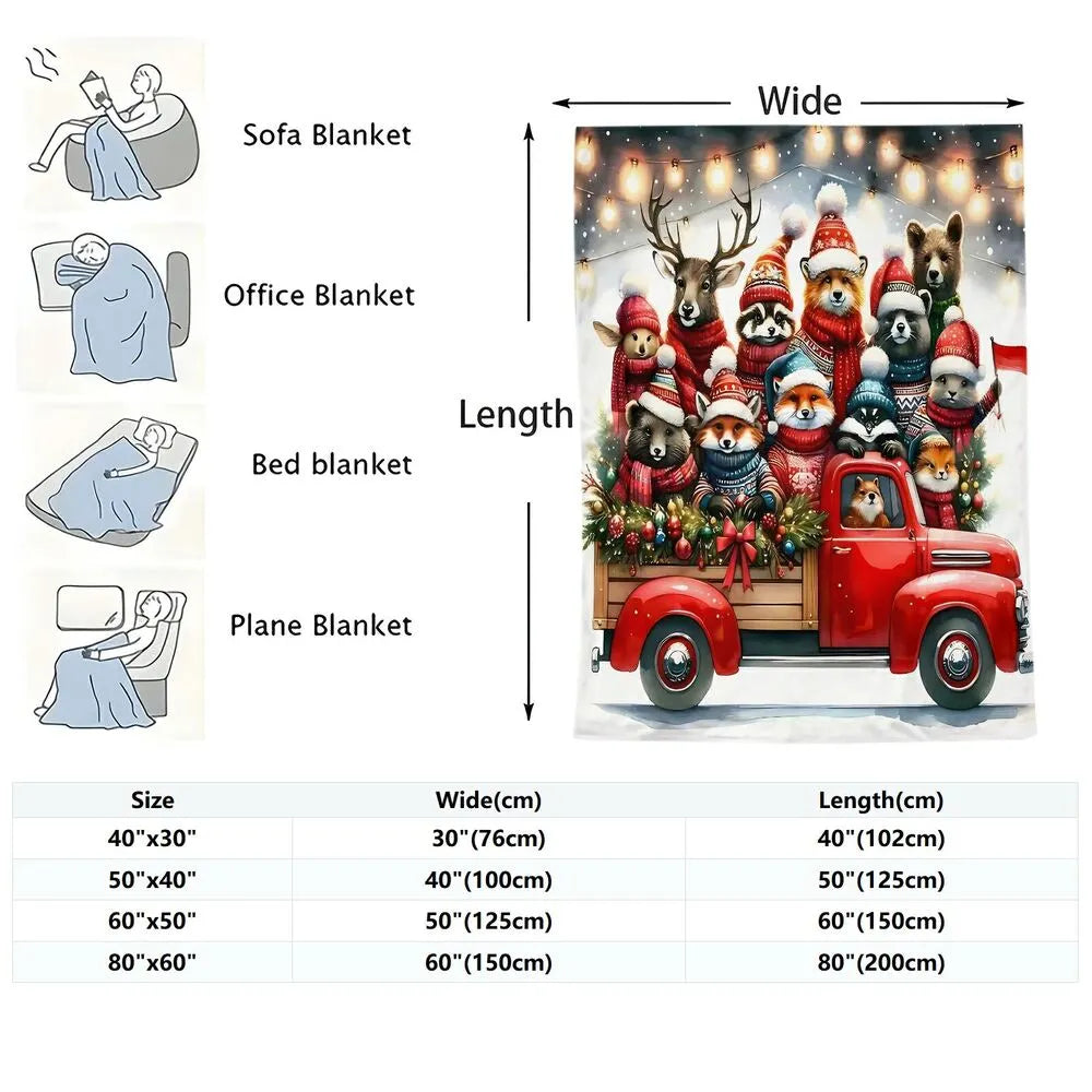 Festive Christmas Animals Red Truck White Pattern Multipurpose Throw Blanket