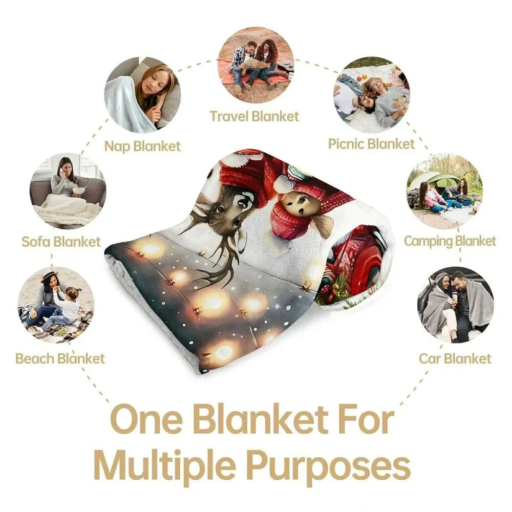 Festive Christmas Animals Red Truck White Pattern Multipurpose Throw Blanket