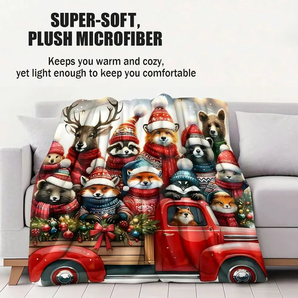 Festive Christmas Animals Red Truck White Pattern Multipurpose Throw Blanket
