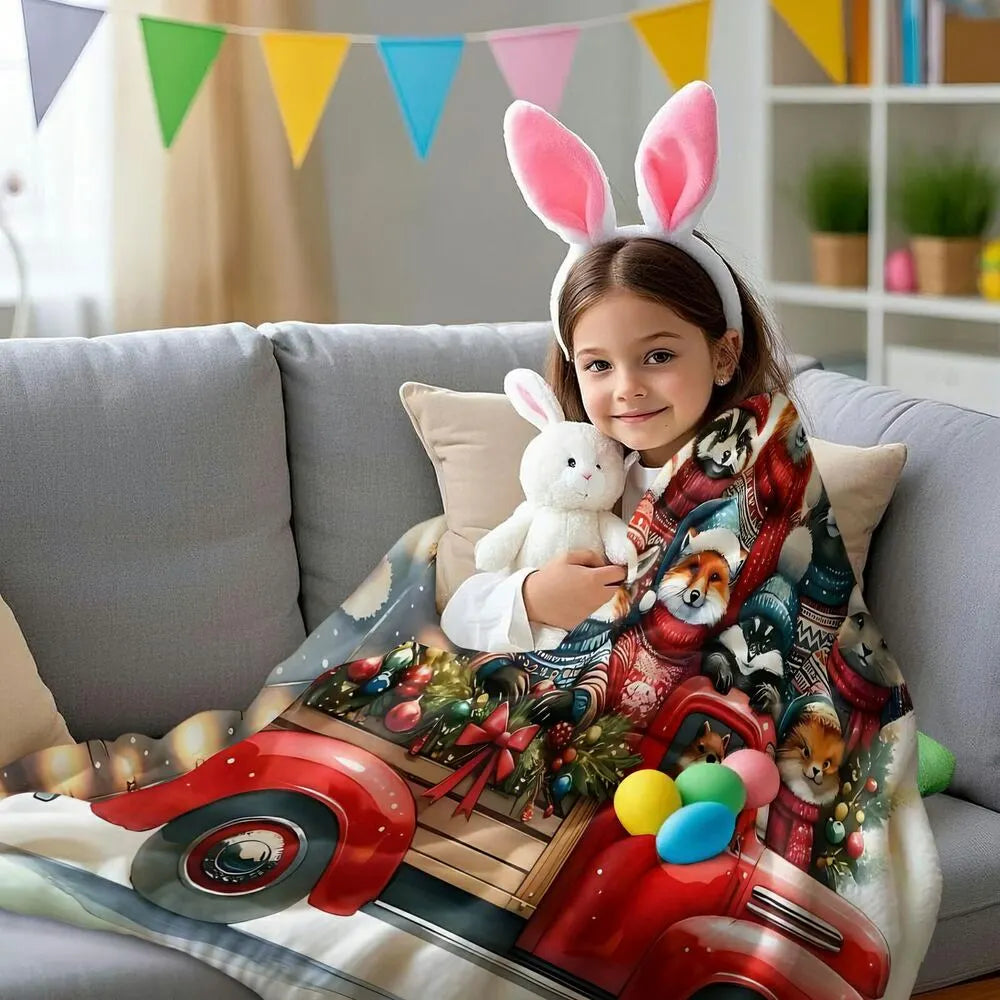 Festive Christmas Animals Red Truck White Pattern Multipurpose Throw Blanket