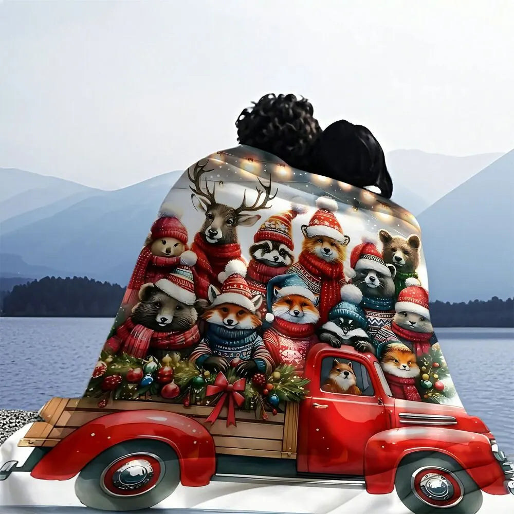 Festive Christmas Animals Red Truck White Pattern Multipurpose Throw Blanket