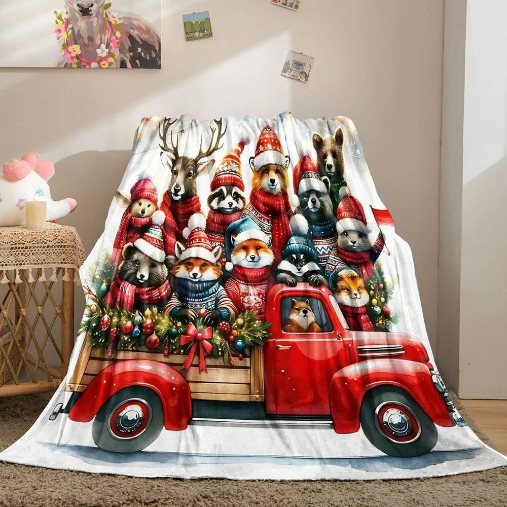 Festive Christmas Animals Red Truck White Pattern Multipurpose Throw Blanket