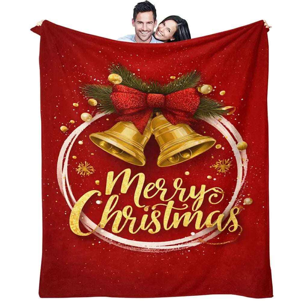 Festive Christmas Bells Merry Christmas Red Gold Pattern Multipurpose Throw Blanket