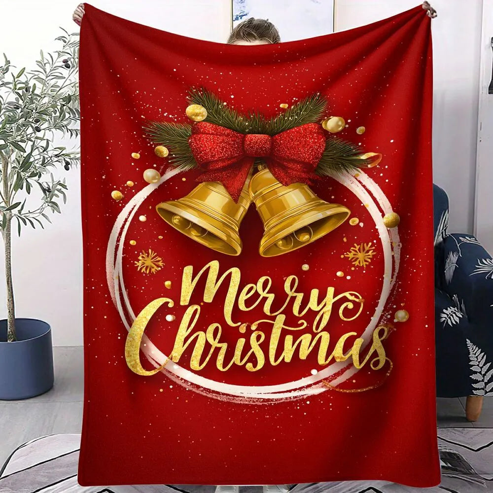 Festive Christmas Bells Merry Christmas Red Gold Pattern Multipurpose Throw Blanket