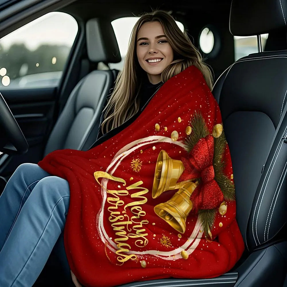 Festive Christmas Bells Merry Christmas Red Gold Pattern Multipurpose Throw Blanket