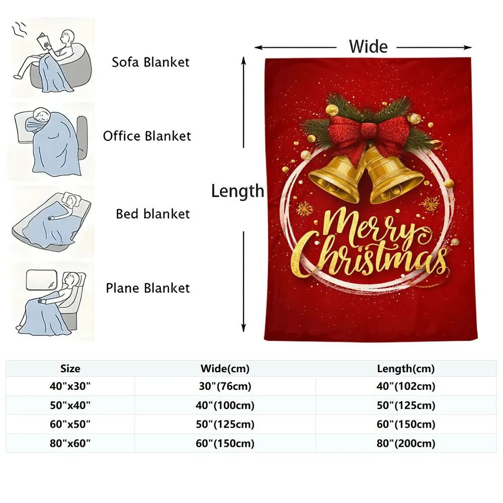 Festive Christmas Bells Merry Christmas Red Gold Pattern Multipurpose Throw Blanket