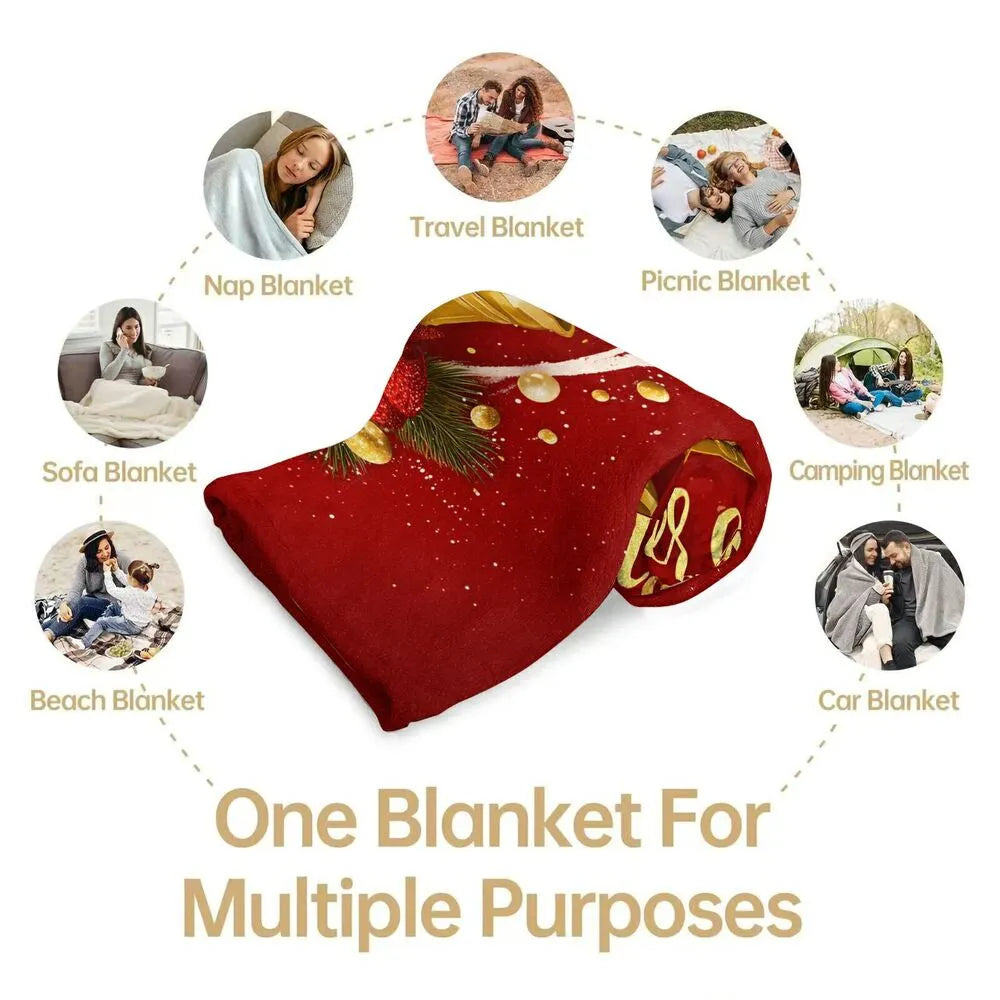 Festive Christmas Bells Merry Christmas Red Gold Pattern Multipurpose Throw Blanket