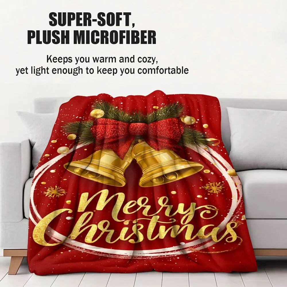Festive Christmas Bells Merry Christmas Red Gold Pattern Multipurpose Throw Blanket